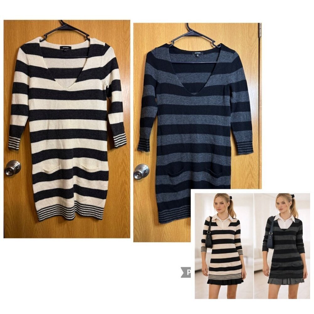 EXPRESS Womens XS Wool Blend Sweater Tunic Top Y2k Academia Preppy Pockets 2pcs